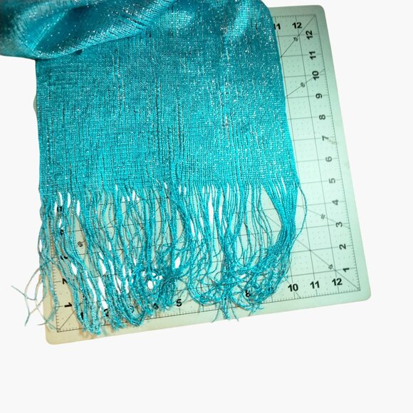 Blue Scarf Wrap Shimmery Lightweight Metallic Fringe Elegant Boho Wedding Boho - Picture 5 of 5